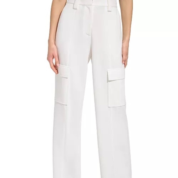 Y2K Inspired DKNY women's solid wide-leg crepe cargo-pocket pants ivory Size 10 - Picture 1 of 9